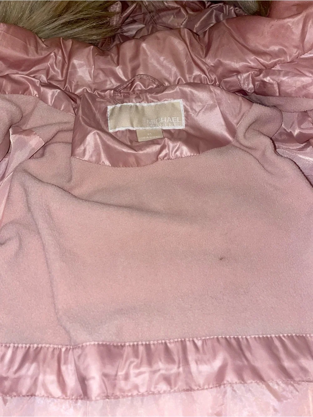 MICHAEL Michael Kors Girls' Light Pink Puffer Jacket with Faux Fur Hood+ peacoat